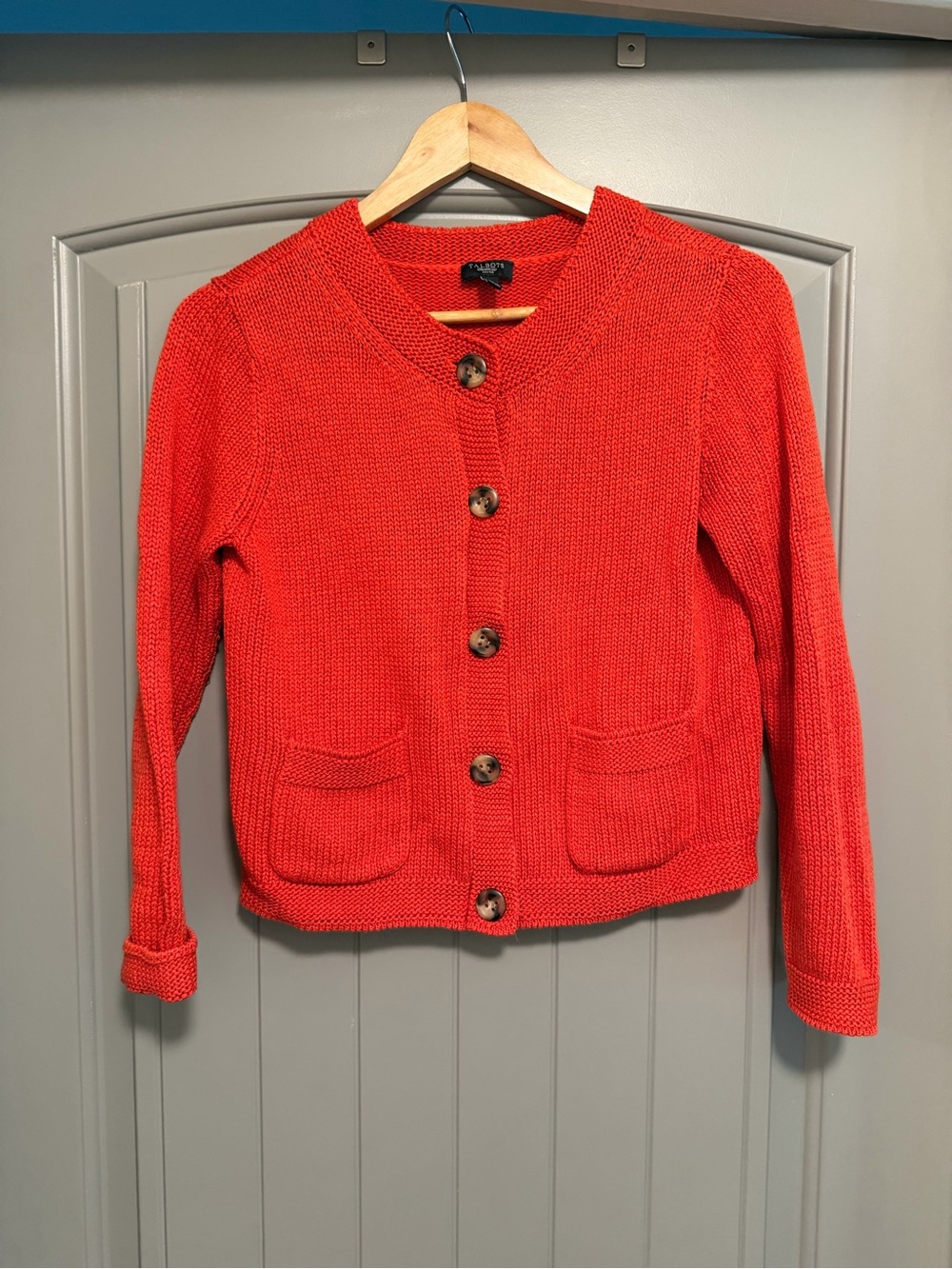Talbots Coral Orange Knit Button-Front Cardigan 100% Cotton Natural Fiber